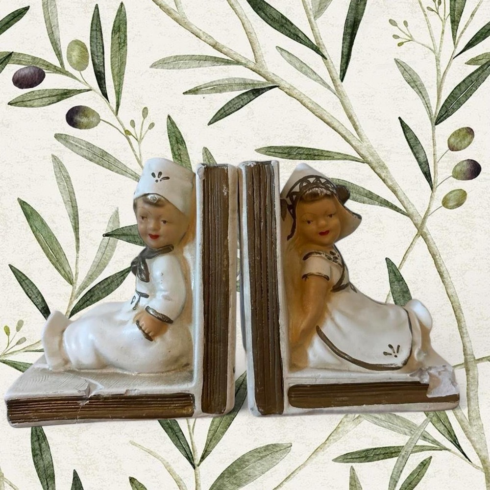 Vintage Bookends DUTCH BOY & GIRL, Chalkware Chippy Paint Country‎ Cottage